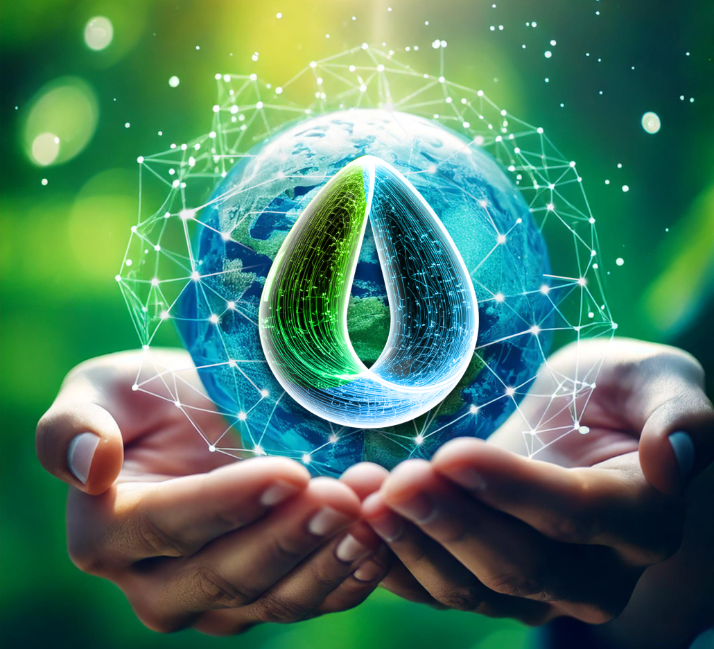 Symbolbild Nachhaltigkeit: Hände halten eine digitale Weltkugel mit grünem Blatt-Icon und Netzwerkverbindungen.