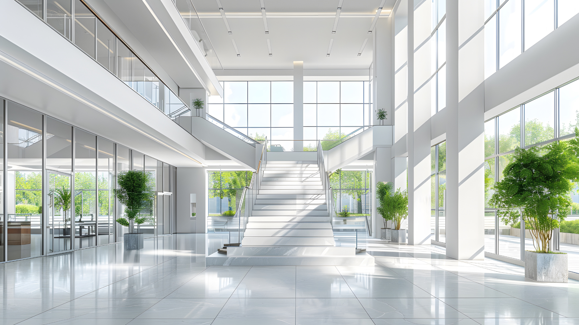 Heller, moderner Gebäudeeingang mit großer Treppe – saubere Architektur als Symbolbild für Hygiene und Betriebssicherheit