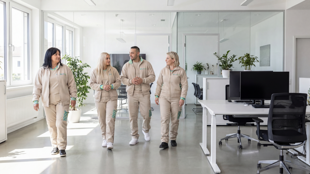 BLITZBLANK-Team in Arbeitskleidung geht durch ein helles Büro. Erfolgsmodell Tagreinigung als sichtbare Reinigung im Arbeitsalltag