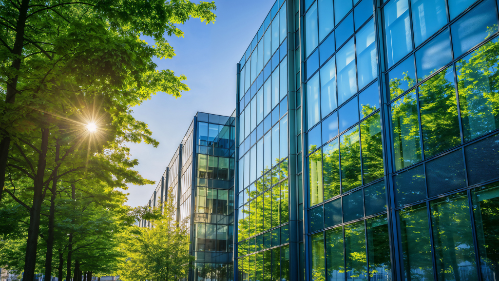 Modernes Bürogebäude mit Glasfassade und Bäumen im Sonnenlicht. Tagreinigung als Beitrag zu Energieeffizienz und nachhaltigem Gebäudemanagement