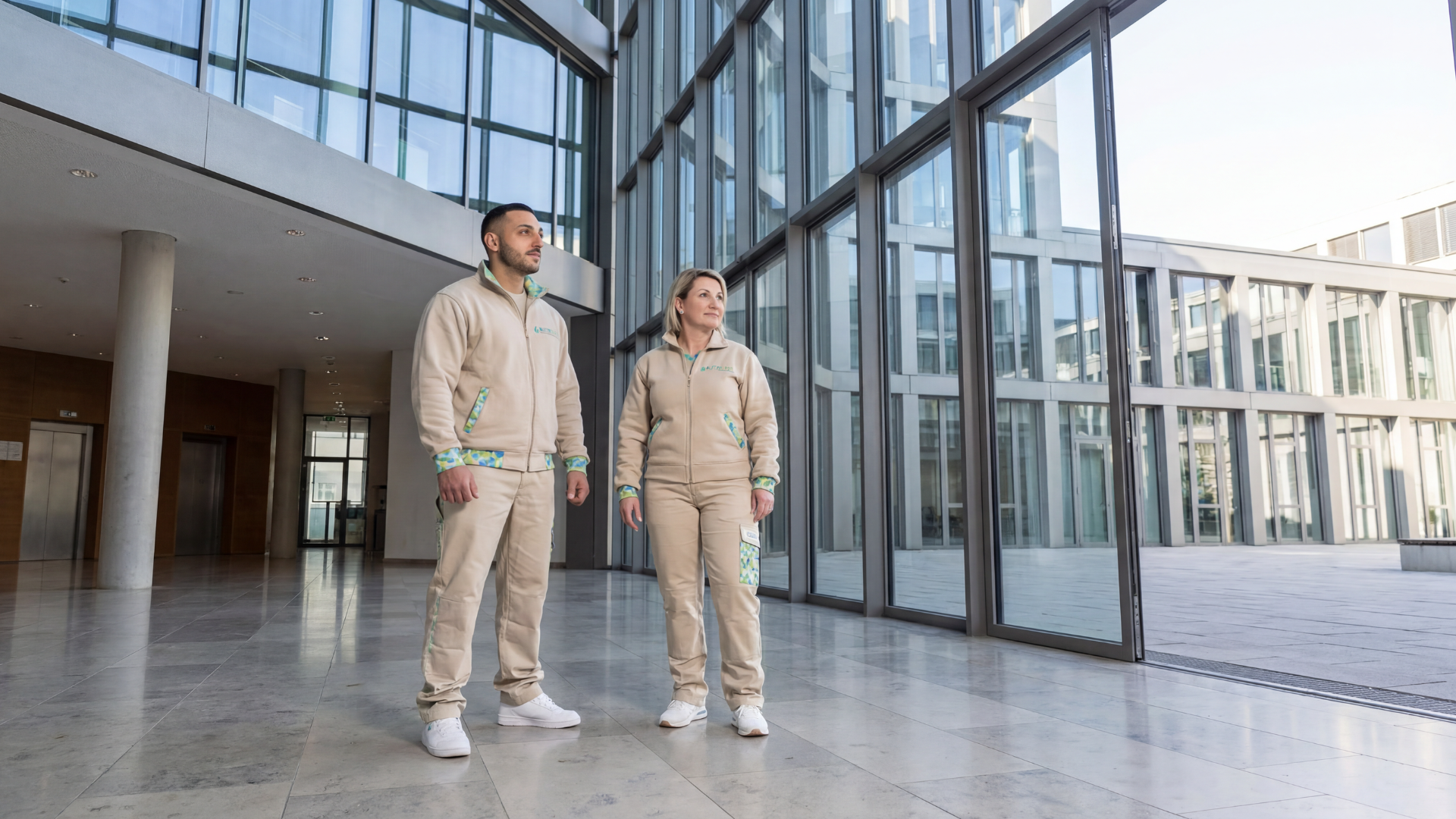 Zwei BLITZBLANK-Mitarbeitende in Arbeitskleidung in einem modernen Glas-Atrium. Tagreinigung sorgt für direkte Abstimmung und schnelle Lösungen.
