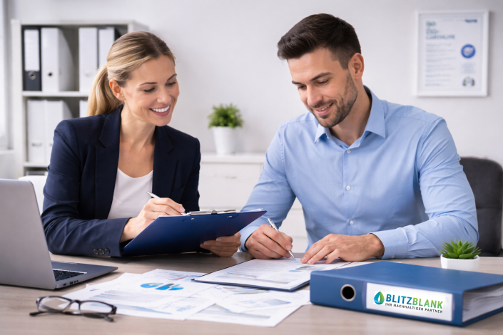 Qualitätsmanagement in der Gebäudereinigung: Zwei Personen prüfen Unterlagen im Büro, BLITZBLANK-Ordner im Vordergrund